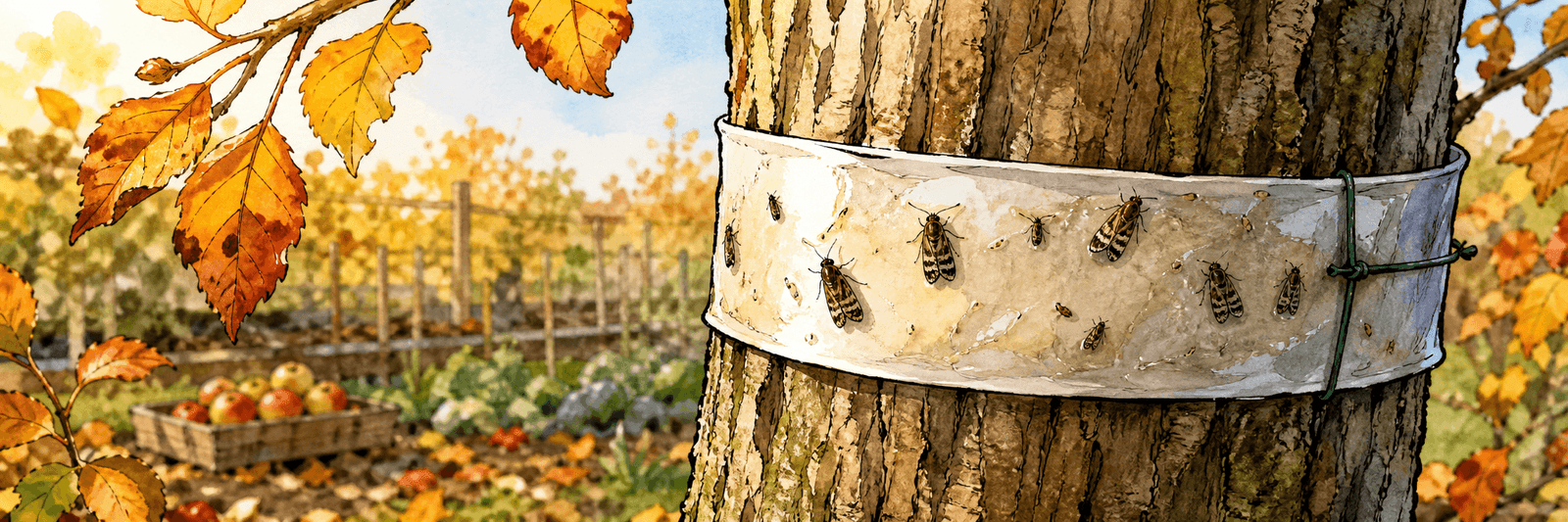 Klebriger Leimring um einen Obstbaumstamm fängt aufsteigende Weibchen ab, Herbststimmung