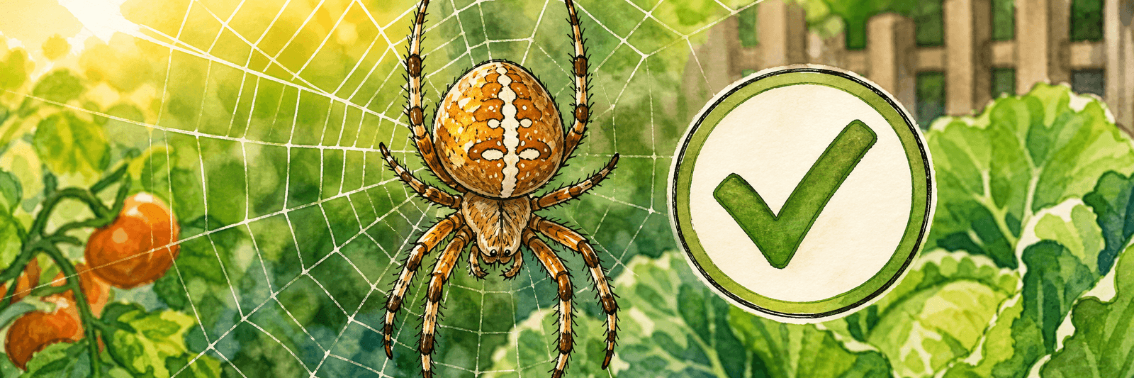 Gartenkreuzspinne in ihrem Netz mit einem beruhigenden Häkchen-Symbol daneben als Zeichen für harmlos