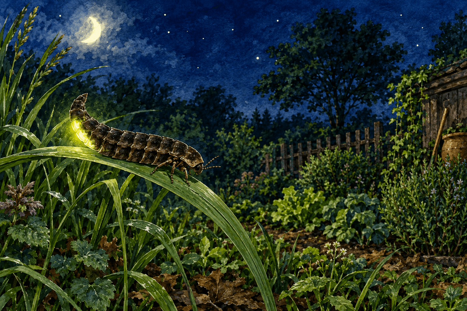 Illustration eines flügellosen, larvenähnlichen Weibchens des Großen Leuchtkäfers mit leuchtender Hinterleibsunterseite auf einem Grashalm
