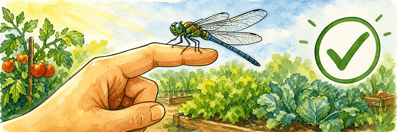 Illustration einer Großlibelle, die auf einem ausgestreckten Finger sitzt