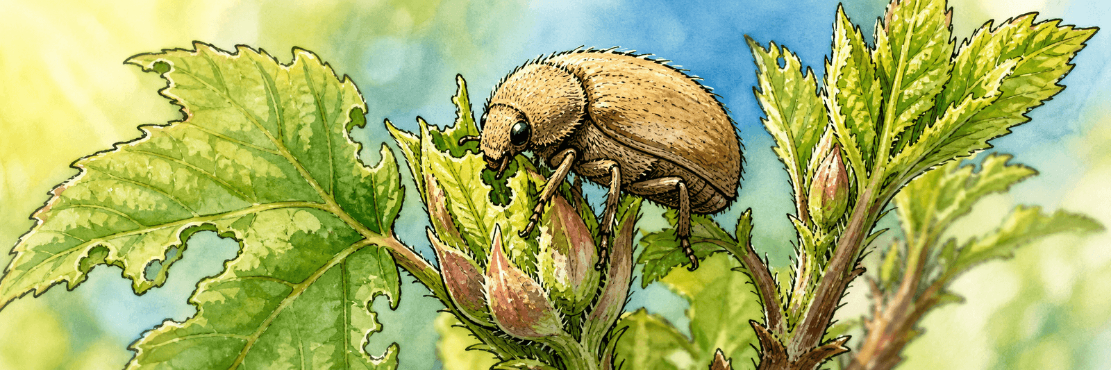 Illustration eines hellbraun behaarten Käfers an jungen Himbeerknospen