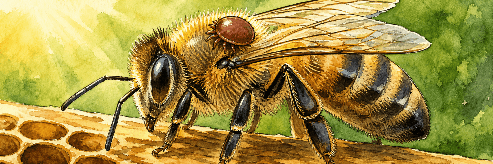 Illustration einer Honigbiene mit einer rotbraunen Milbe auf dem Körper