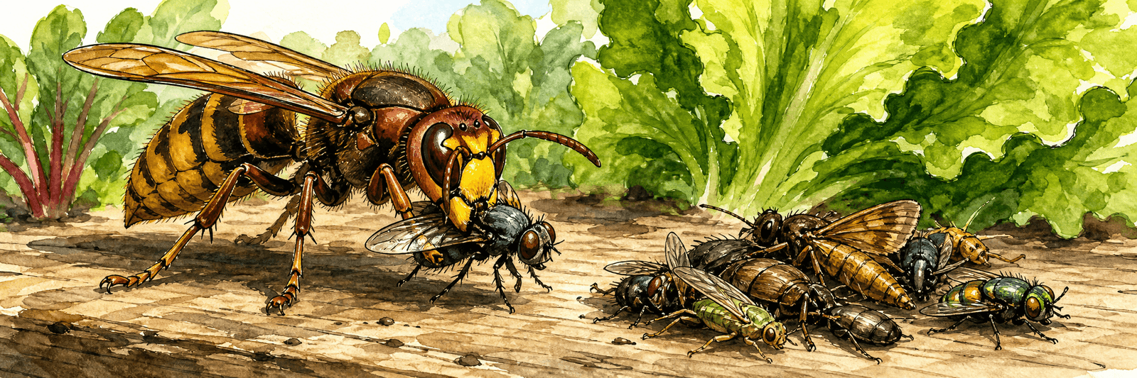 Illustration einer Hornisse mit einer erbeuteten Fliege und weiteren Beutetieren