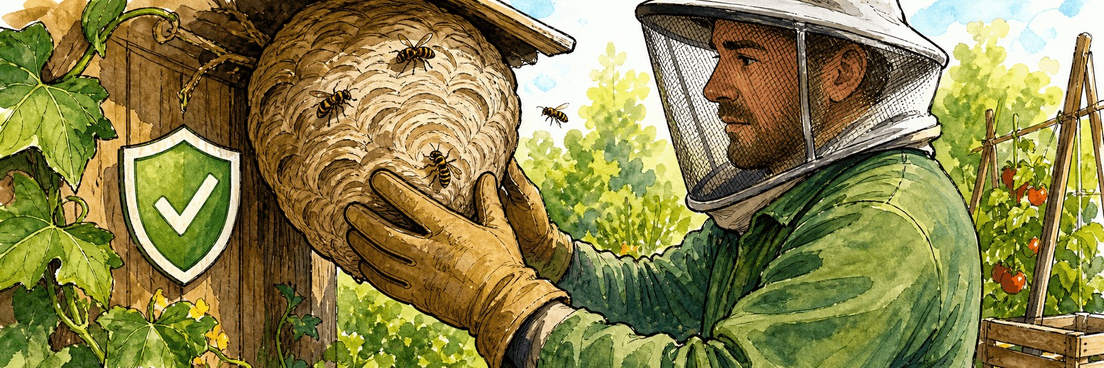 Illustration einer Person mit Schutzausrüstung an einem Papiernest