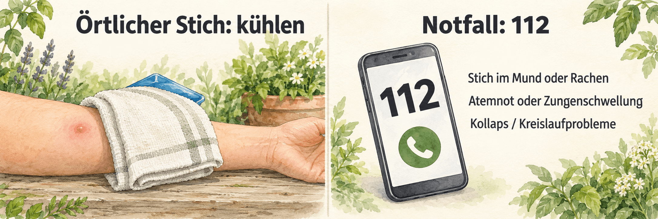 Aquarellgrafik: örtlichen Stich mit einem in ein Tuch gewickelten Kühlpack kühlen; bei einem Stich im Mund oder Rachen, Atemnot, Zungenschwellung, Kollaps oder Kreislaufproblemen 112 rufen