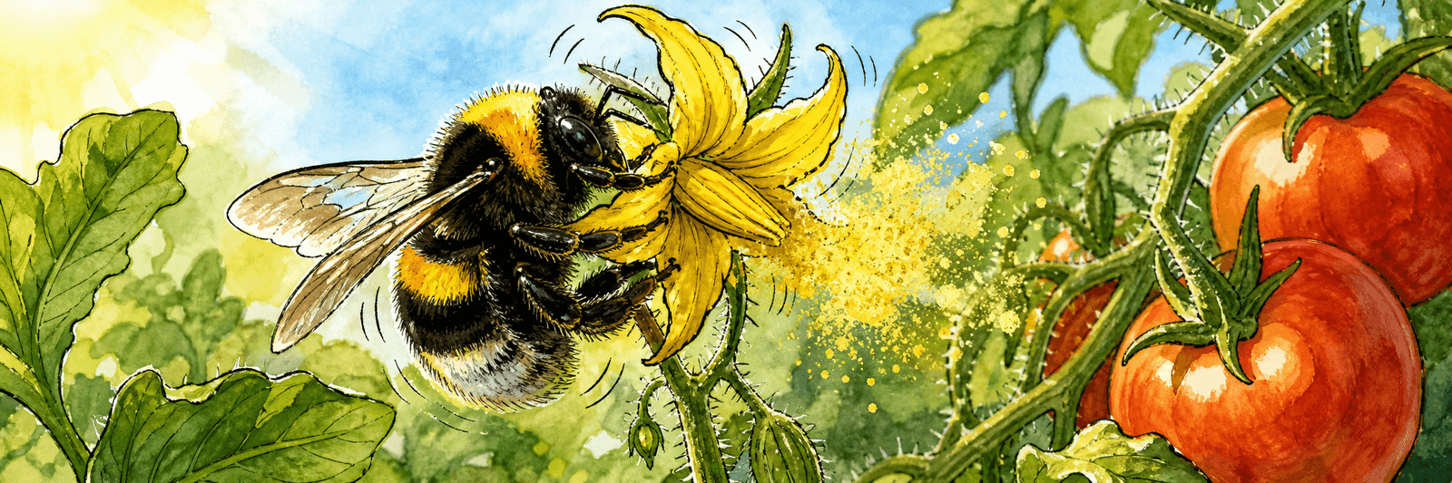 Schematische Illustration einer Hummel, die eine gelbe Tomatenblüte zur Pollenfreisetzung vibrieren lässt