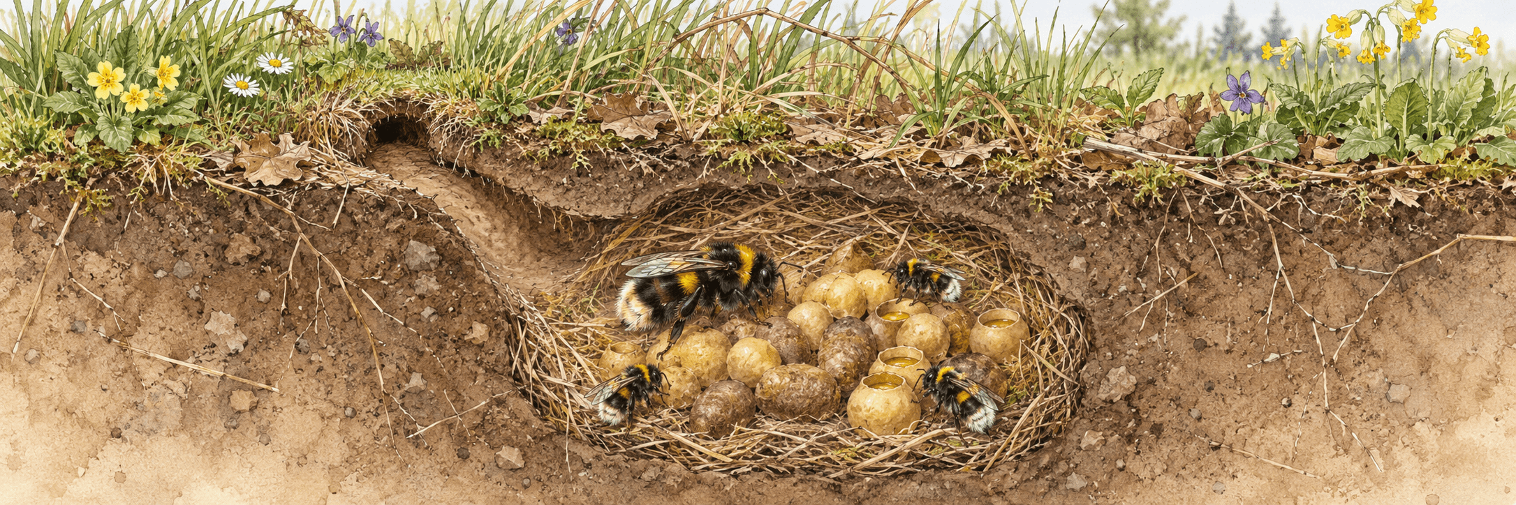 Schematischer Querschnitt eines unterirdischen Erdhummelnests: Königin und Arbeiterinnen zwischen unregelmäßigen Brutkokons und kleinen Wachstöpfchen, umgeben von trockenem Gras und mit einem Gang zur Oberfläche