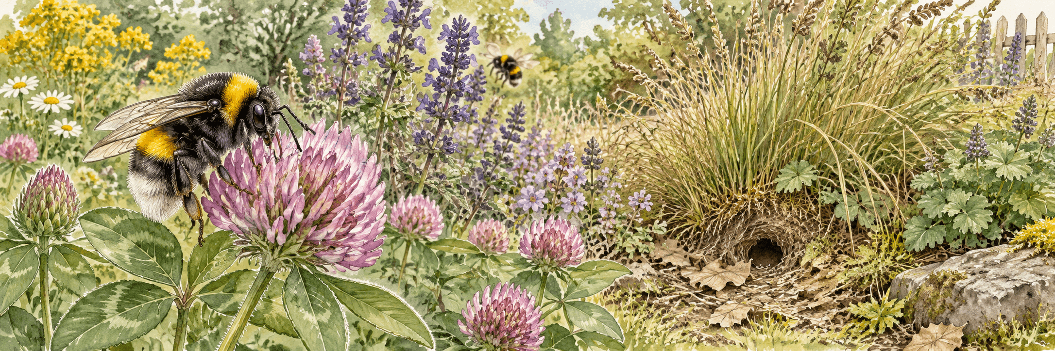 Aquarellillustration einer Hummel auf einer Kleeblüte an einem blütenreichen Gartenrand mit Salbei, Katzenminze sowie ungemähten Grasbüscheln, Laubstreu und einer kleinen Bodenöffnung