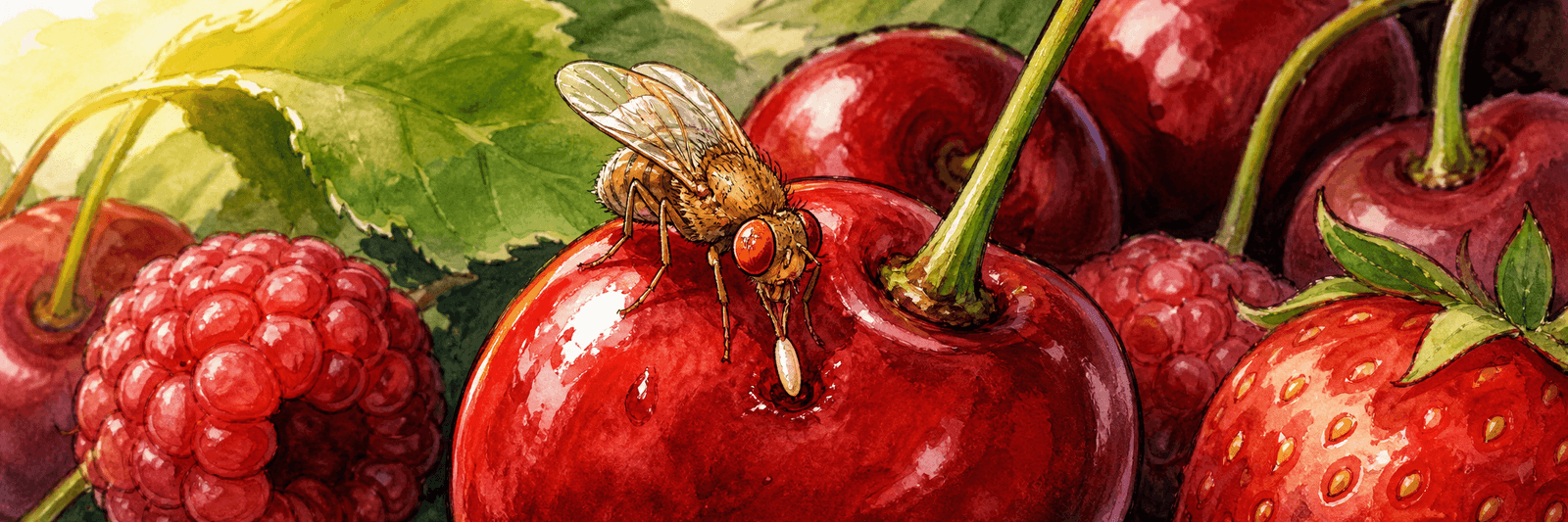 Kleine Essigfliege legt ein Ei in eine gesunde, reife Kirsche, ringsum weitere Beeren