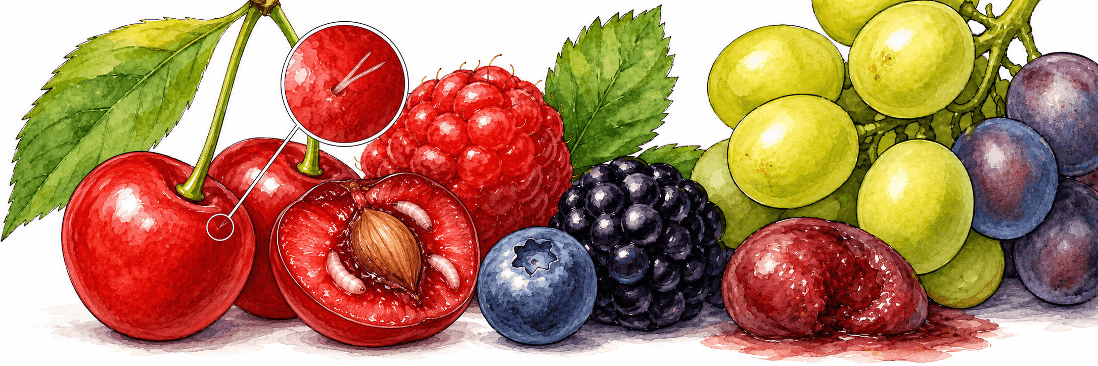 Schematische Darstellung von Kirschen und Beeren mit kleinen Dellen sowie einer aufgeschnittenen Kirsche mit weißen beinlosen Larven