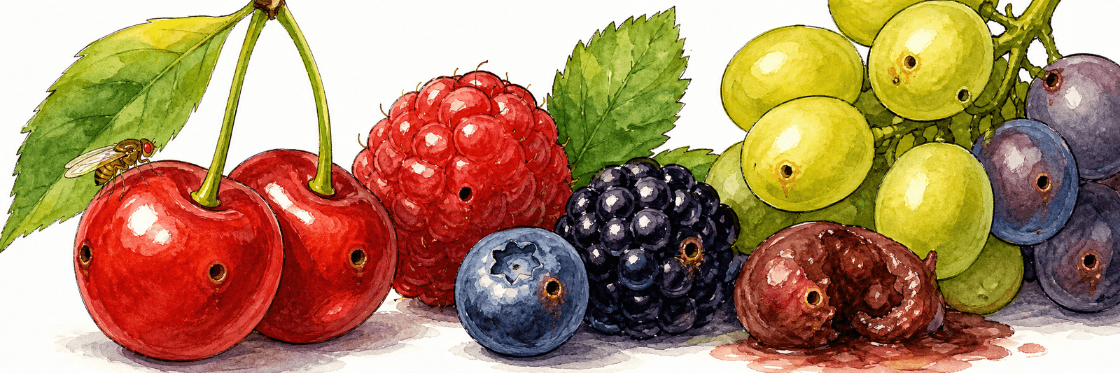 Kirschen, Beeren und Trauben mit Einstichstellen, eine Frucht fällt faulig in sich zusammen