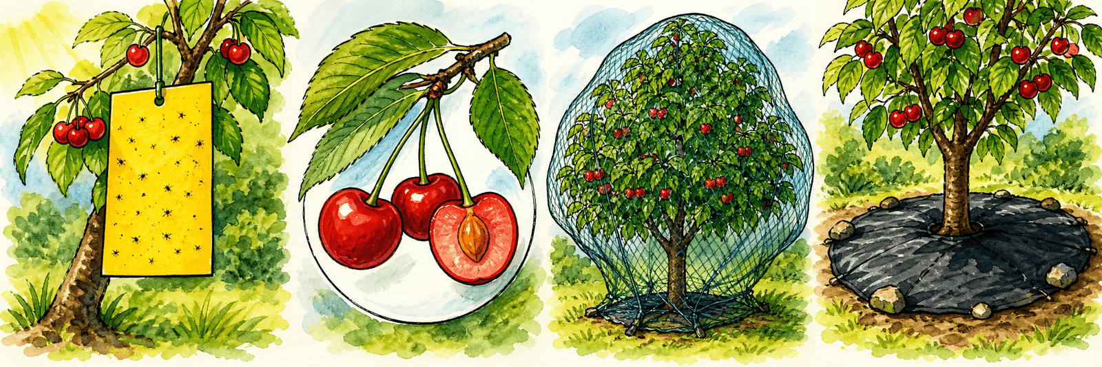 Vier Maßnahmen am Kirschbaum im Überblick: Gelbtafel, früh reifende Kirsche, feinmaschiges Netz und Bodenabdeckung unter dem Baum