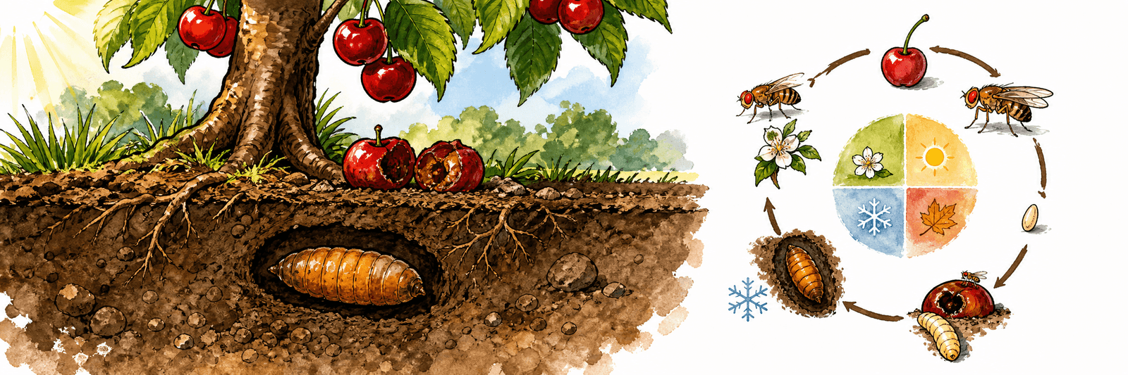 Bodenquerschnitt mit überwinternder Puppe unter dem Kirschbaum und Jahreskreis mit nur einer Generation