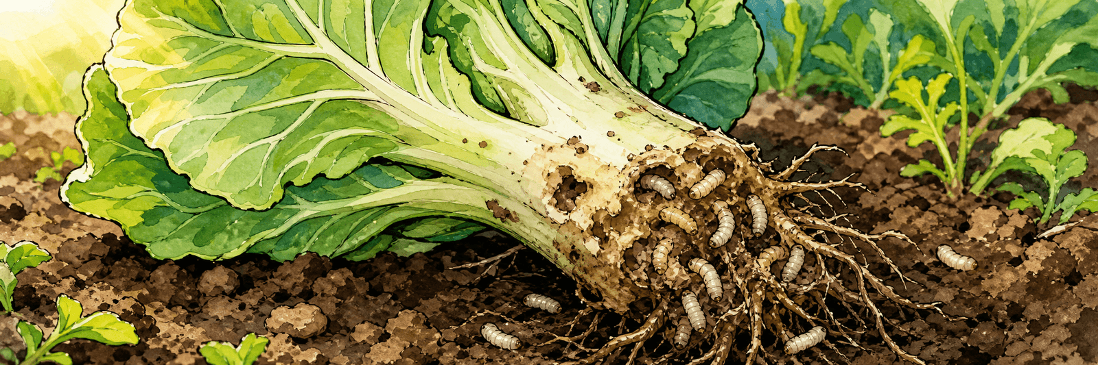 Illustration einer ausgegrabenen Kohlpflanze mit hellen Maden und Fraßstellen an Wurzeln und Strunk