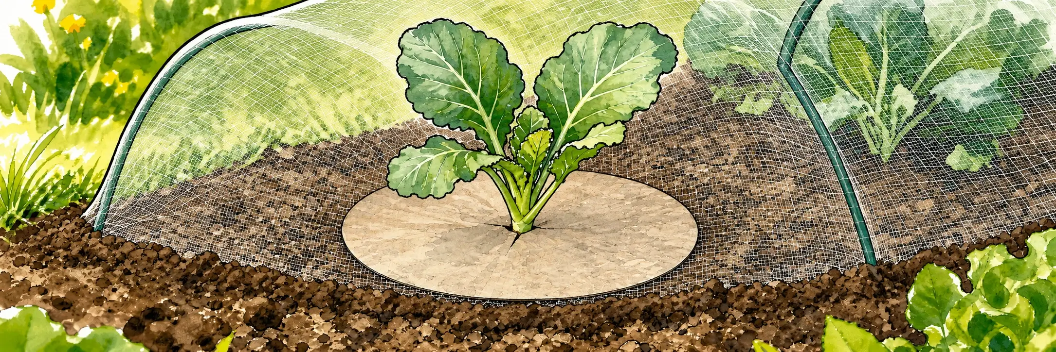 Illustration eines flach anliegenden Kohlkragens mit kleiner Stängelöffnung unter einem ringsum geschlossenen Kulturschutznetz