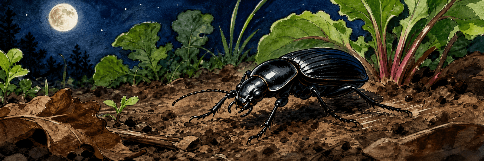 Glänzend schwarzer Laufkäfer läuft flink über den nächtlichen Gartenboden, im Hintergrund Mond und Dunkelheit