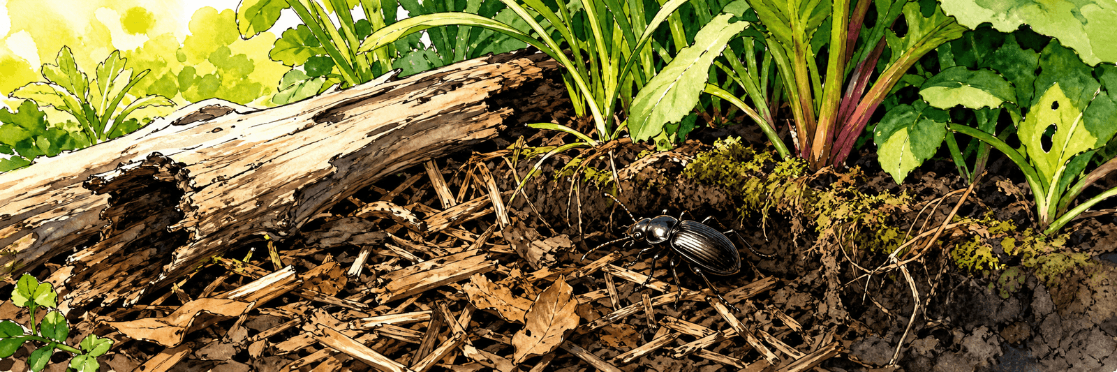 Förder-Szene mit Totholzstück, Mulchschicht und ungestörtem bewachsenem Beetrand als Unterschlupf für Laufkäfer