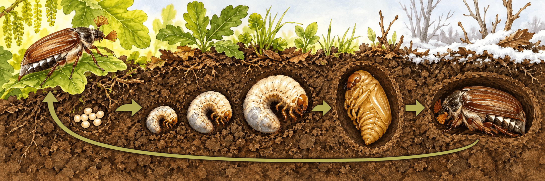 Illustration des Maikäferzyklus: Käfer und Eier, drei Larvenstadien, Puppe und fertiger Käfer im winterlichen Boden