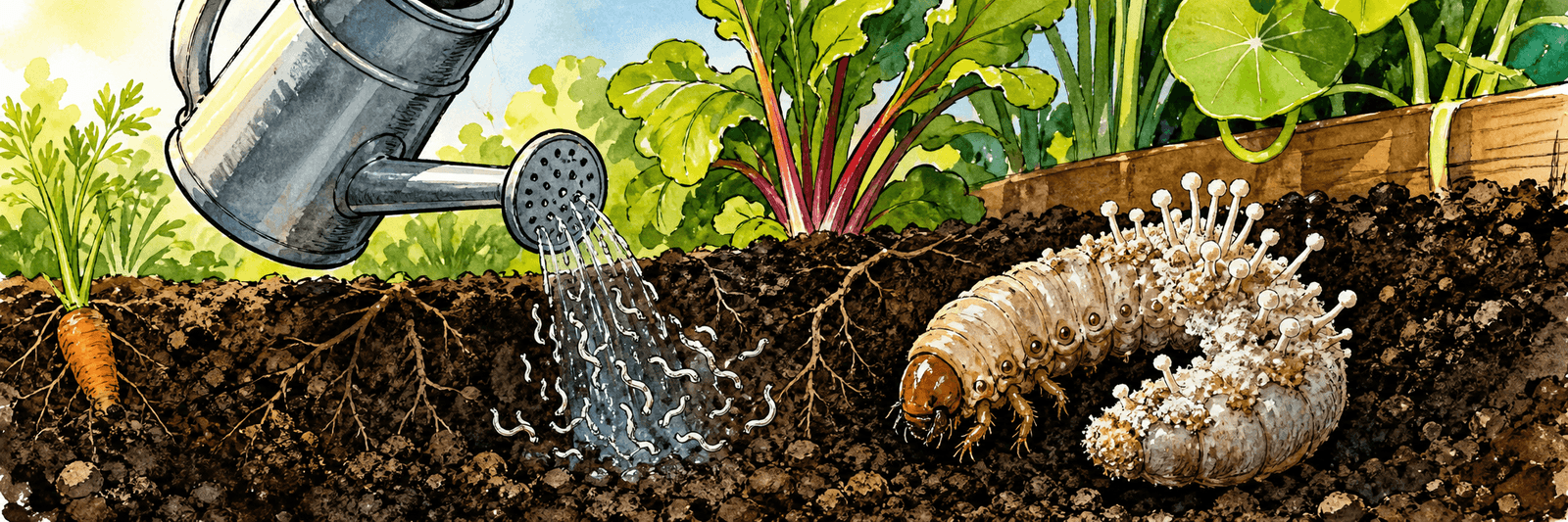 Gießkanne bringt Nematoden in den feuchten Boden, daneben ein von Pilz befallener Maikäfer-Engerling