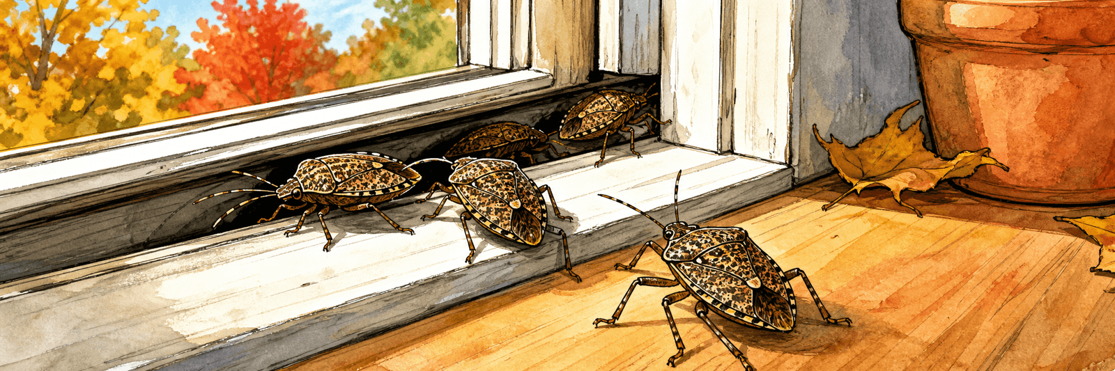 Mehrere Wanzen krabbeln im Herbst durch einen Fensterspalt ins Haus
