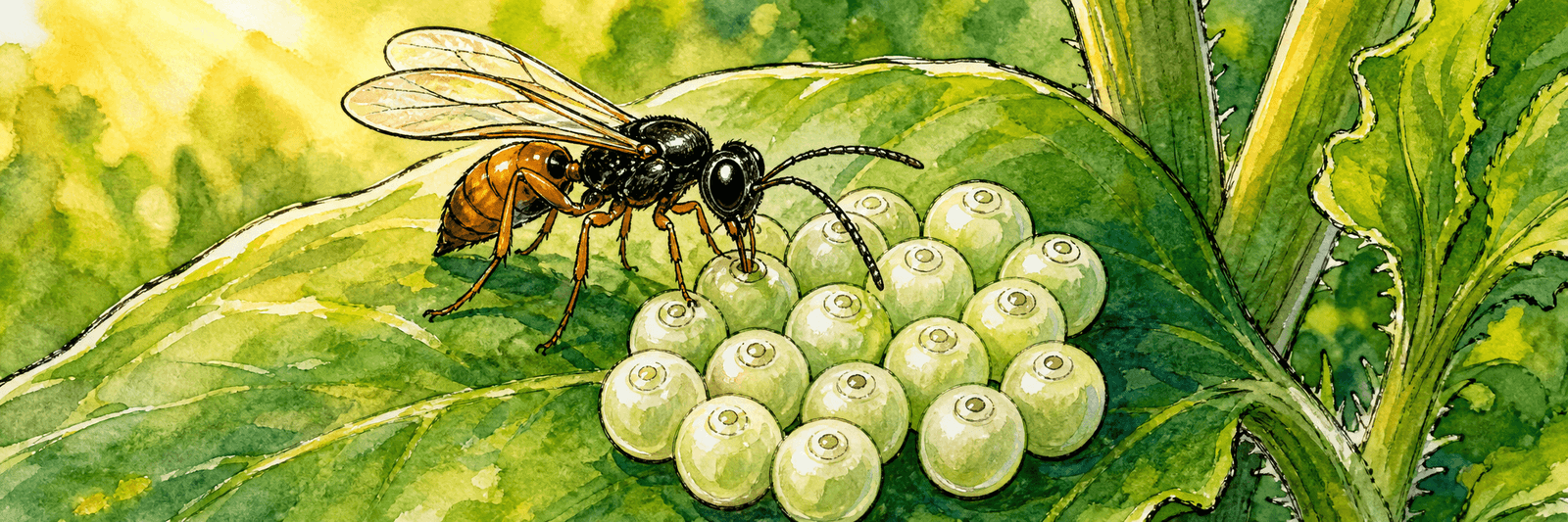 Winzige Samurai-Schlupfwespe parasitiert ein Gelege der Baumwanze
