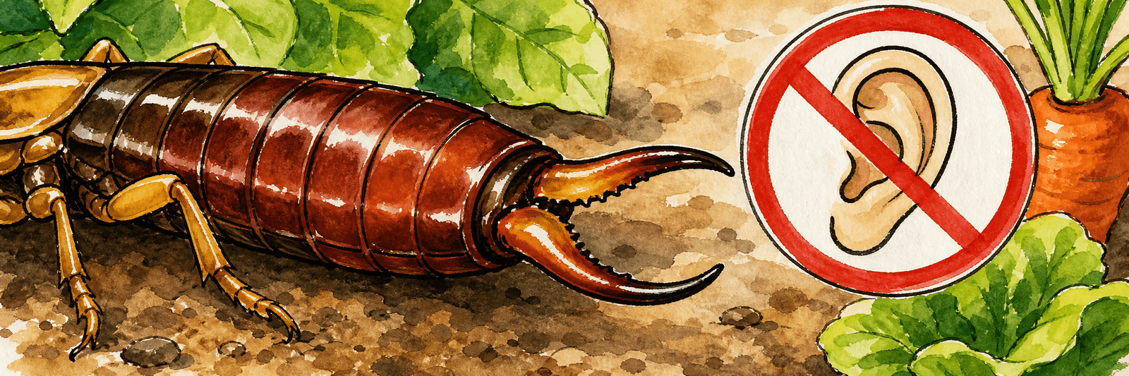 Illustration der Hinterleibszange eines Ohrwurms neben einem durchgestrichenen Ohr-Symbol