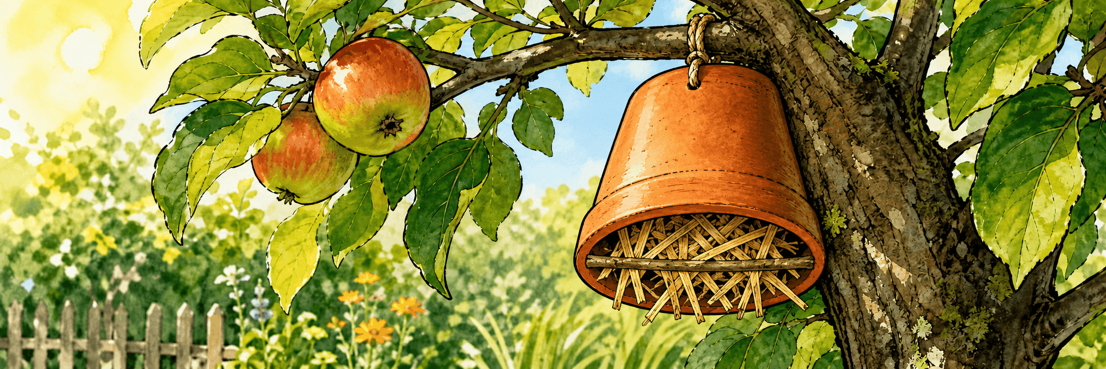 Illustration eines umgedrehten, mit Stroh gefüllten Tontopfs, dessen Rand den Baumstamm berührt; ein Quersteg hält das Füllmaterial