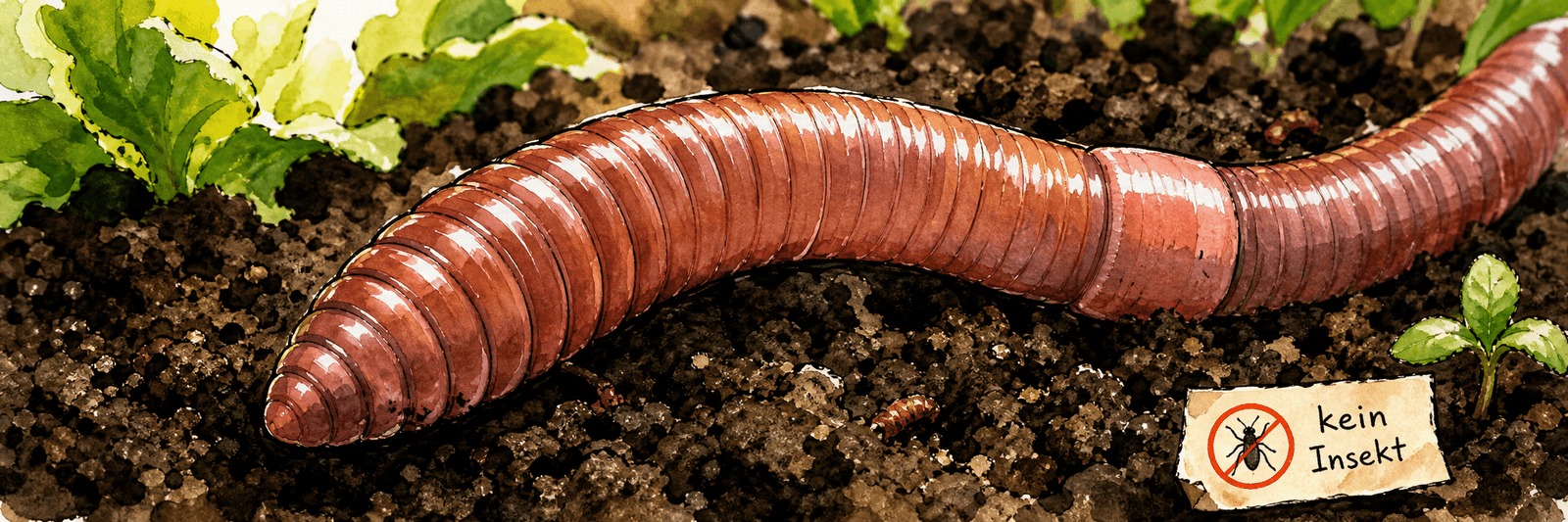 Illustration eines Regenwurms mit Segmentringen und dem Hinweis, dass er kein Insekt ist