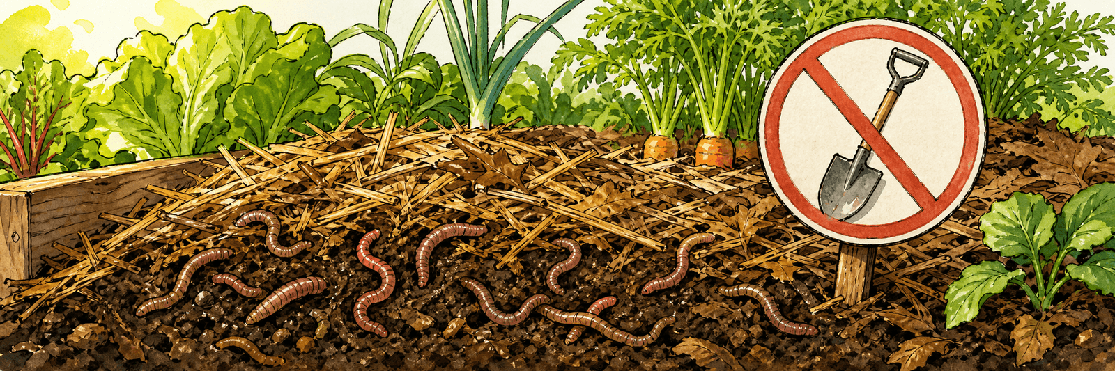 Illustration eines gemulchten Beetes mit Regenwürmern und einem durchgestrichenen Spaten