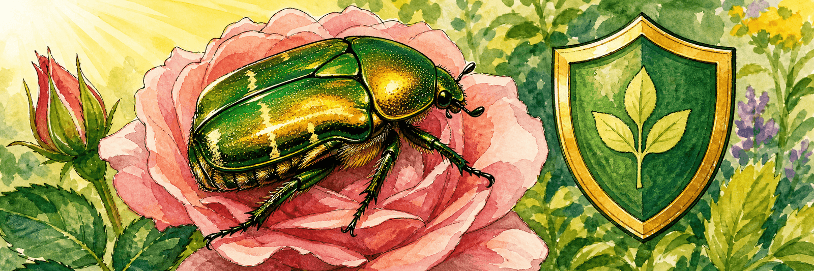 Illustration eines metallisch grünen Rosenkäfers in einer Rose mit Schutzsymbol