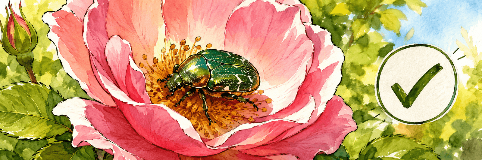 Illustration eines Rosenkäfers beim Besuch einer offenen Rosenblüte