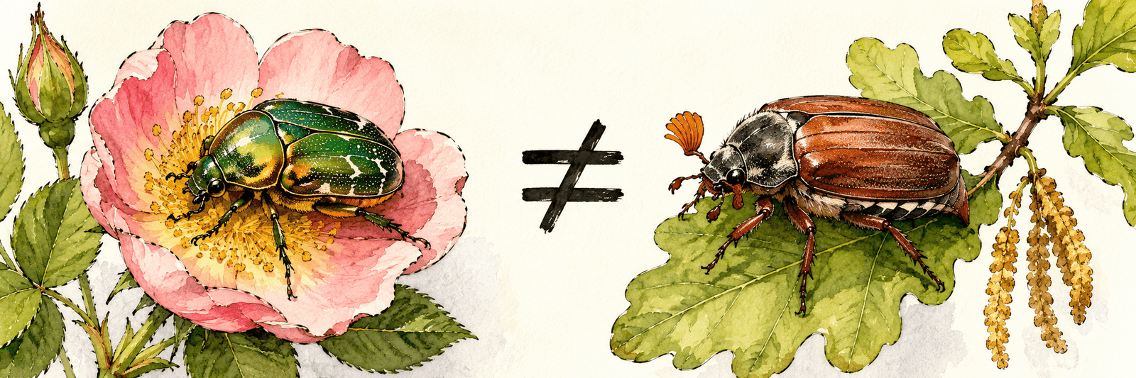 Illustration eines grünen Rosenkäfers in einer Blüte und eines braunen Maikäfers auf einem Blatt