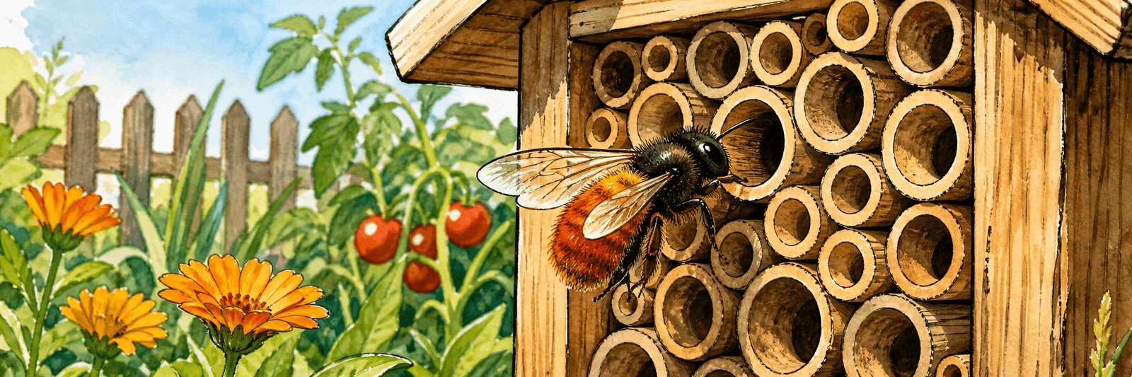 Rostrote Mauerbiene fliegt in ein Niströhrchen eines Insektenhotels ein