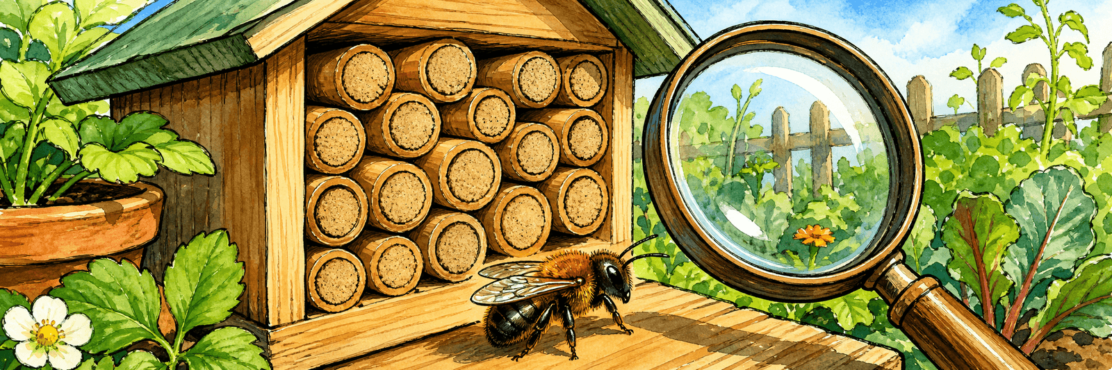 Insektenhotel mit verschlossenen Niströhren, eine Mauerbiene davor, daneben eine beobachtende Lupe