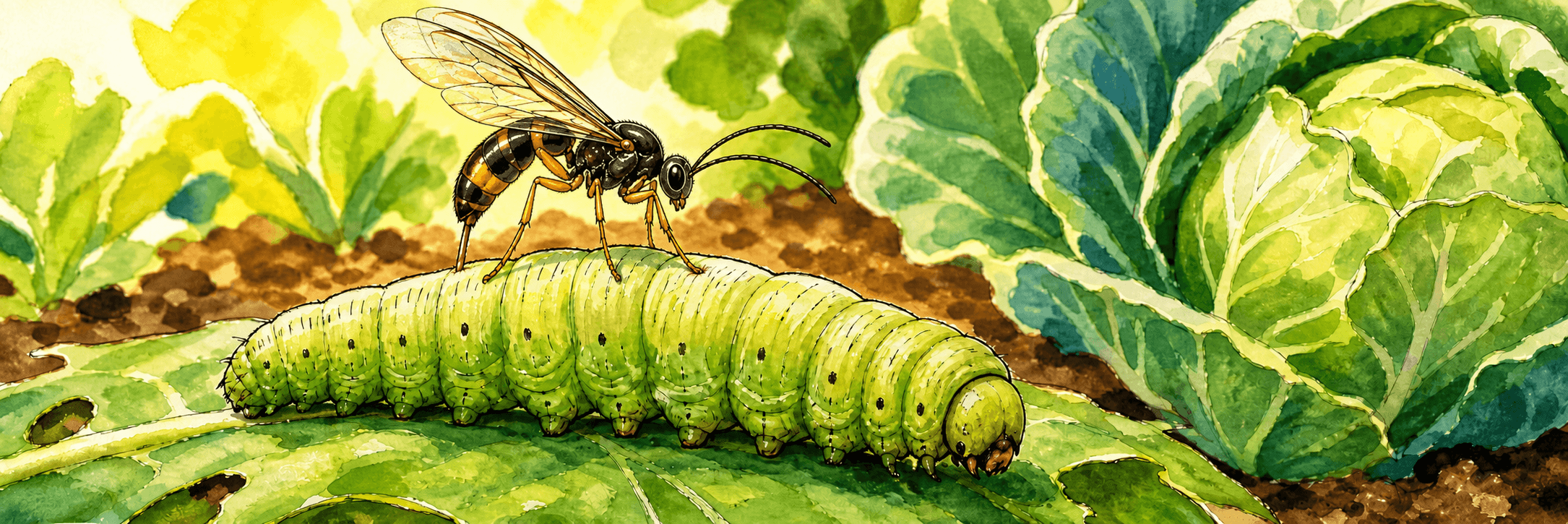 Schematische Illustration: Eine parasitoide Wespe legt mit dem Legebohrer am Hinterleib ein Ei in eine lebende Raupe