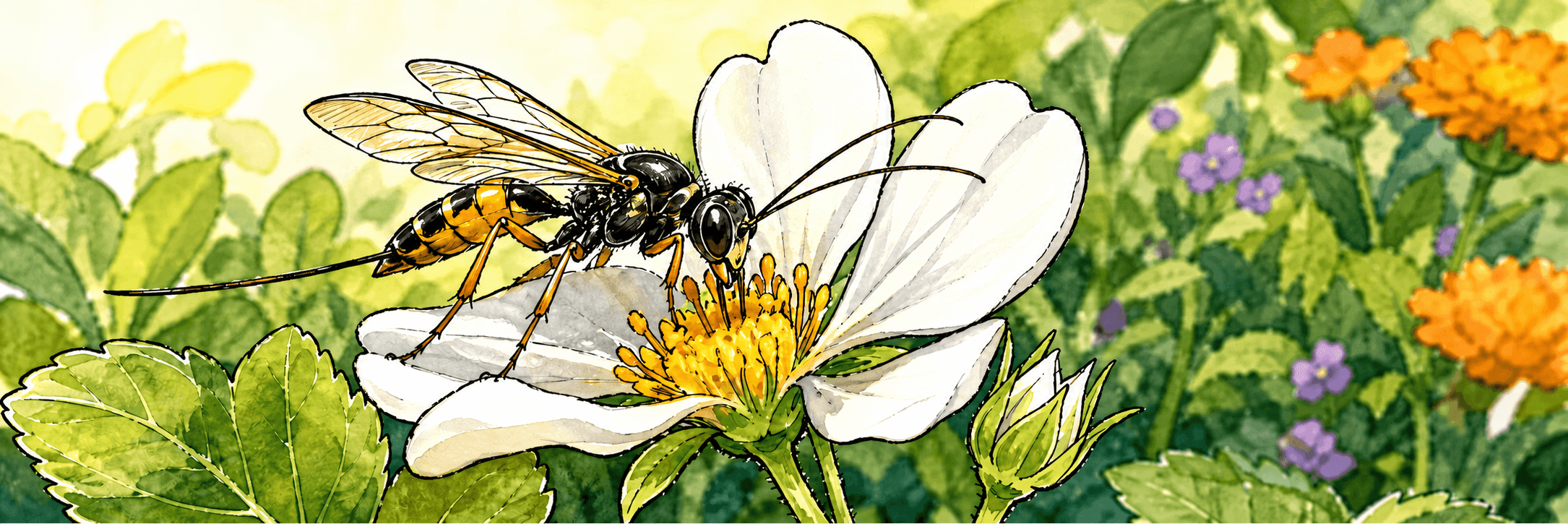 Parasitoide Wespe an einer offenen Blüte als schematische Illustration eines Nahrungsangebots