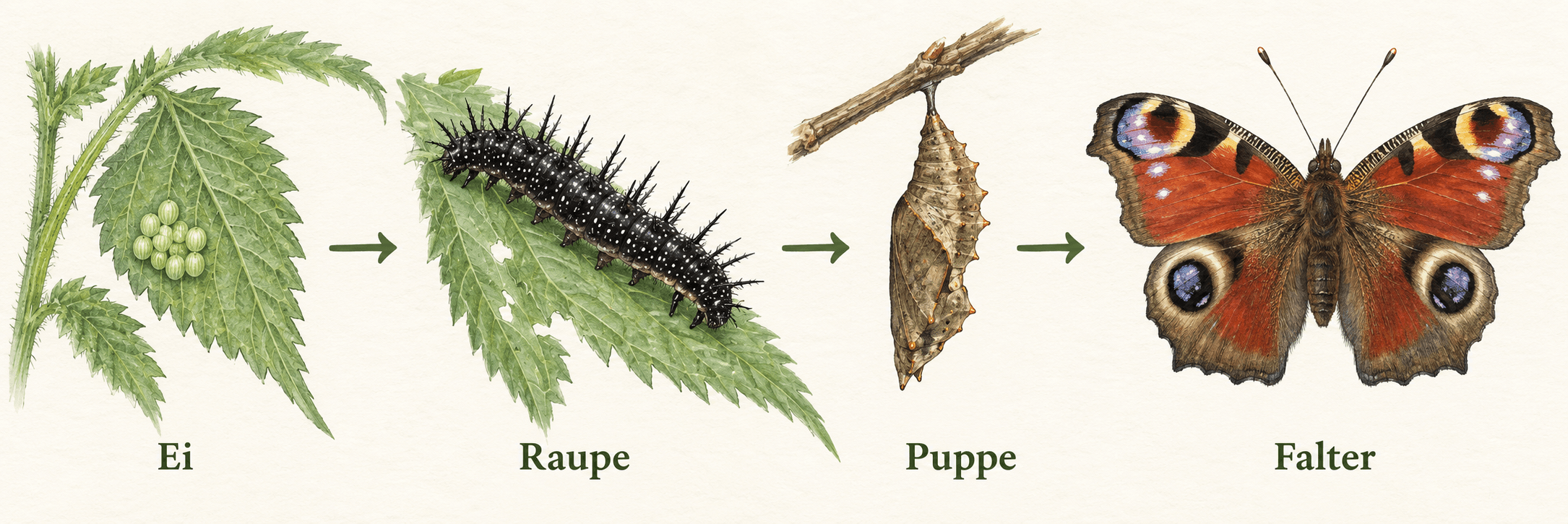Schematische Entwicklung des Tagpfauenauges: Eier an einem Brennnesselblatt, schwarze Raupe mit weißen Punkten und Dornen, kopfüber hängende Stürzpuppe und rotbrauner Falter mit vier Augenflecken
