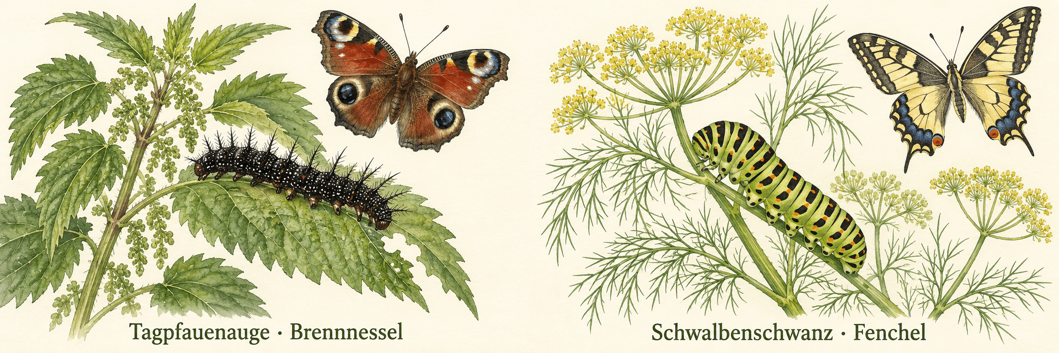 Zwei Beispiele für artspezifisches Raupenfutter: schwarze Tagpfauenaugenraupe an Brennnessel und grüne, schwarz gebänderte Schwalbenschwanzraupe mit orangefarbenen Punkten an Fenchel, jeweils mit dem zugehörigen Falter