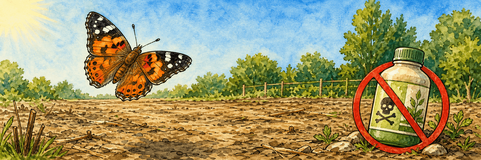 Illustration eines Falters über einer ausgeräumten Fläche neben einer durchgestrichenen Pestizidflasche