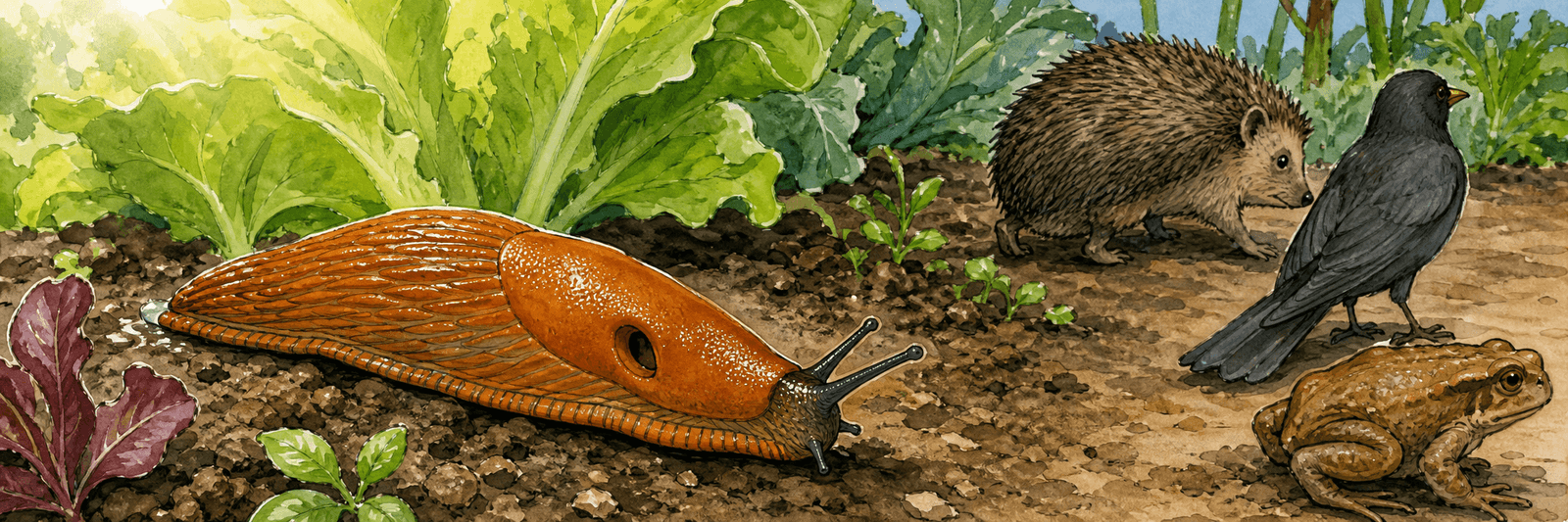 Rotbraune Spanische Wegschnecke kriecht übers Beet, Fressfeinde meiden sie