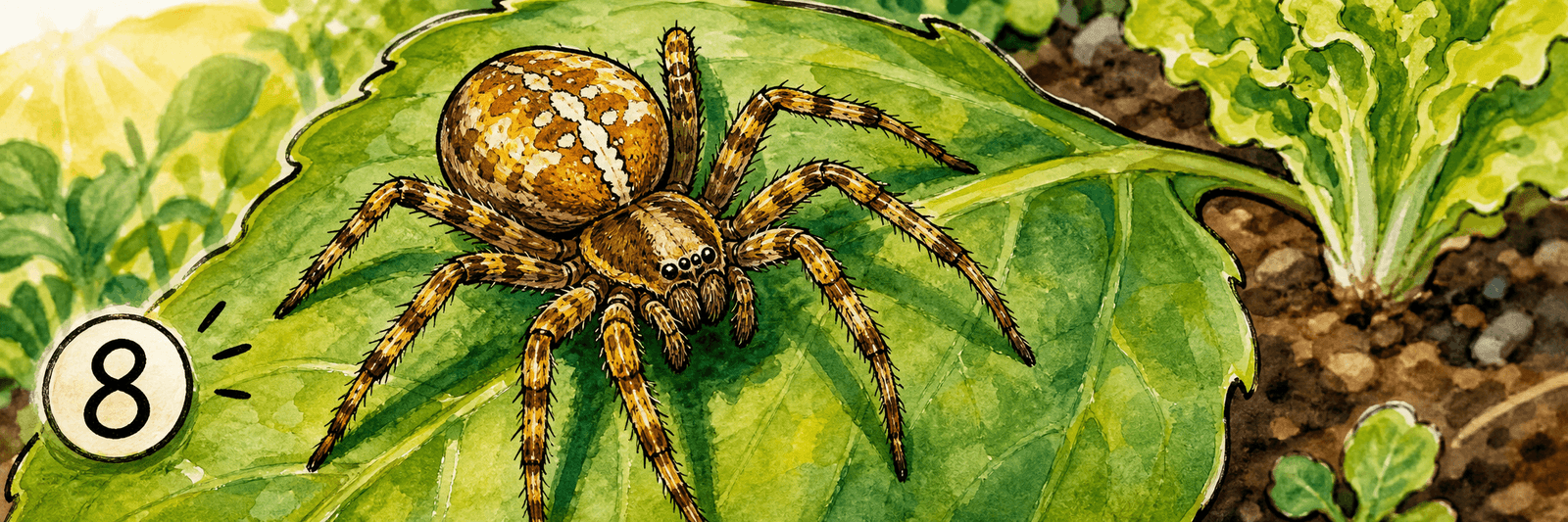 Spinne mit deutlich acht Beinen auf einem Blatt, eine kleine Acht betont die Beinzahl