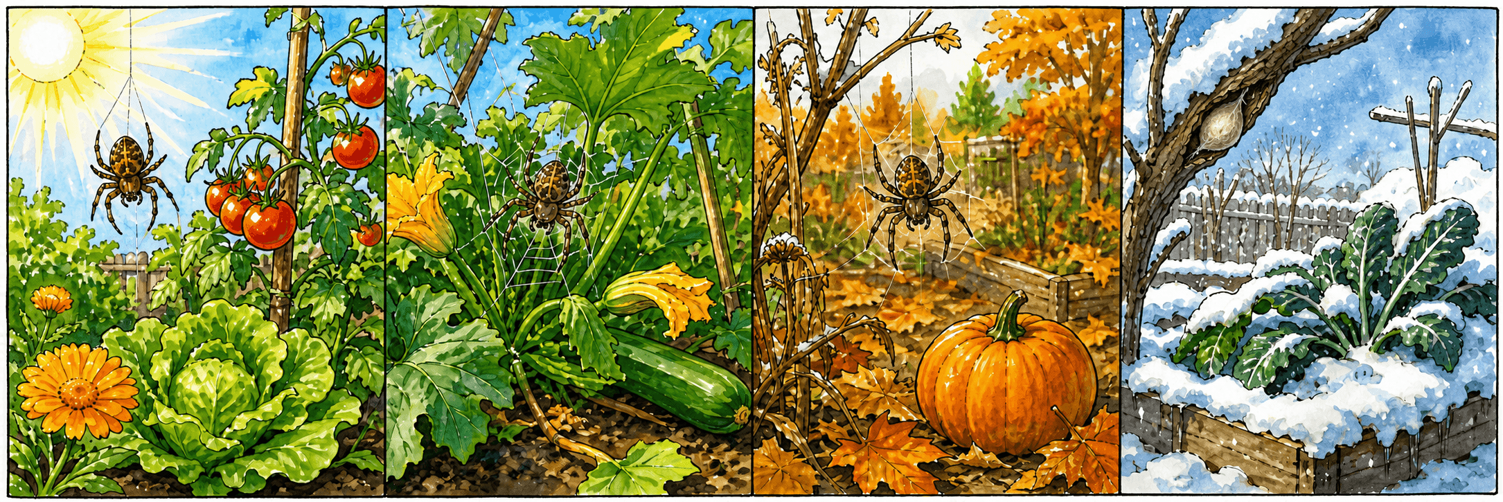 Vier Jahreszeiten im Garten: Spinnen in der Vegetation und ein geschützter Eikokon im Winter