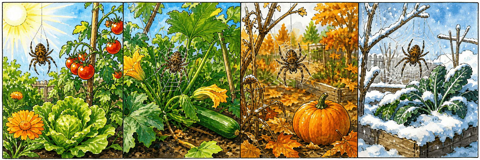 Vier-Jahreszeiten-Reihe, in der die Spinne in Frühling, Sommer, Herbst und Winter präsent ist