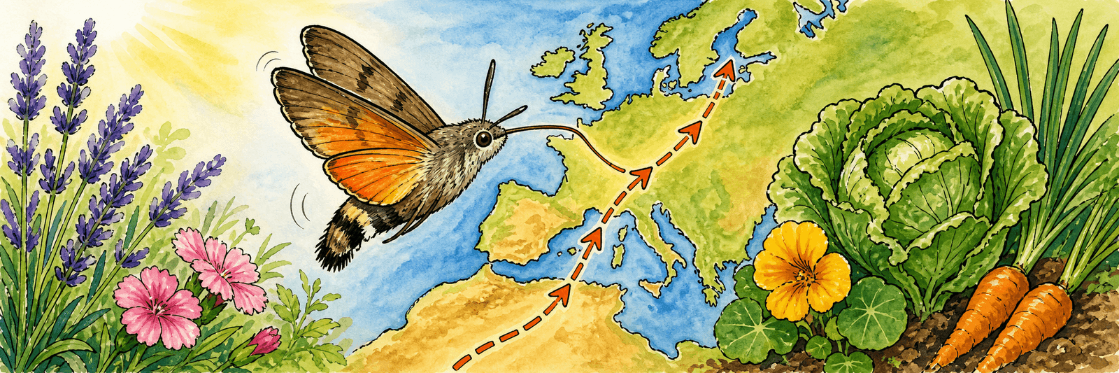 Taubenschwänzchen zieht entlang einer Pfeilroute von Südeuropa nach Norden über eine Landkarte