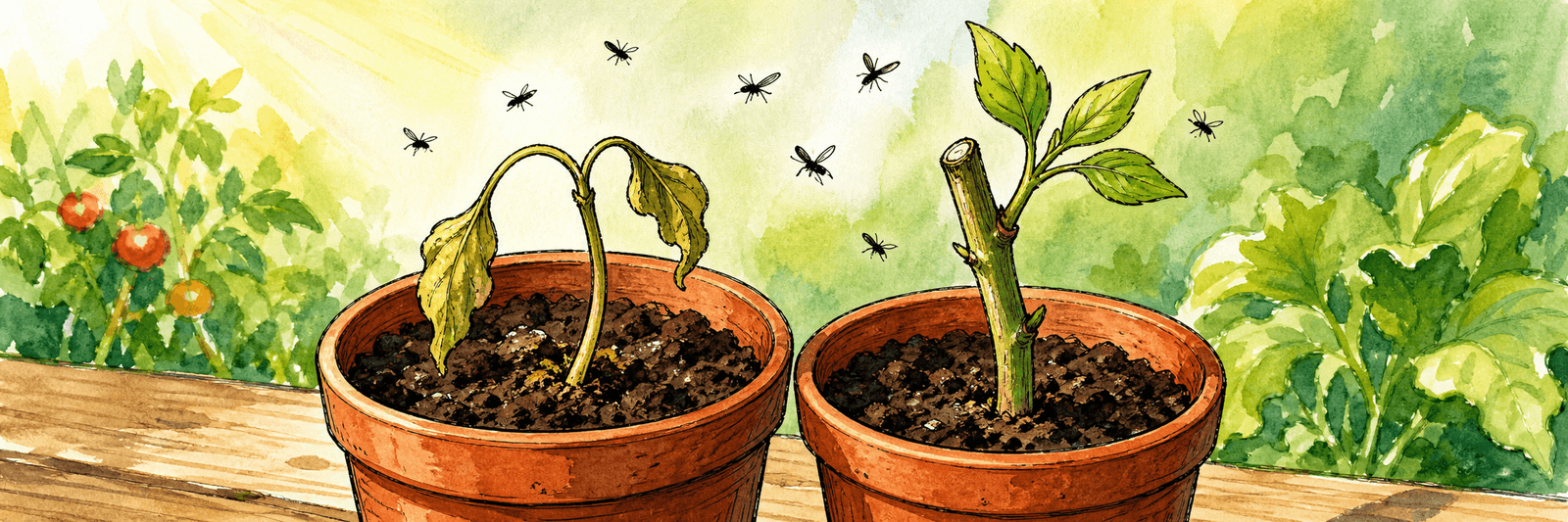 Illustration einer welken Jungpflanze und eines Stecklings in Töpfen mit kleinen dunklen Mücken darüber