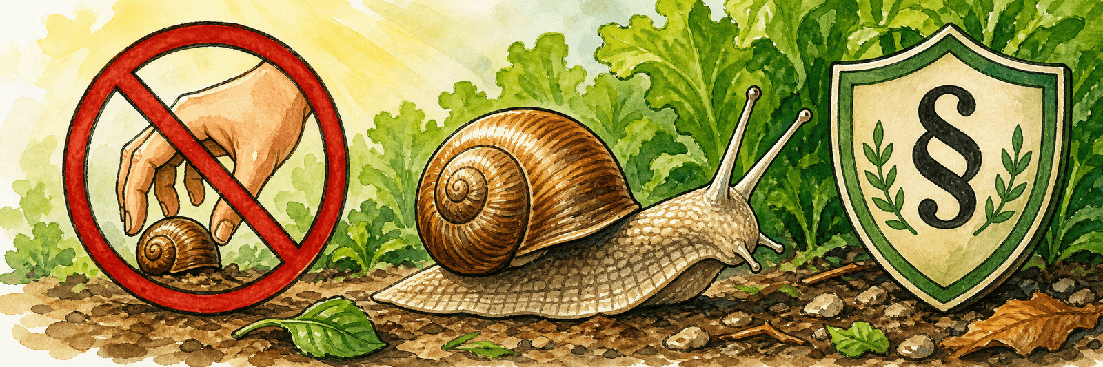 Weinbergschnecke mit durchgestrichener sammelnder Hand und Gesetzes-Schutzschild