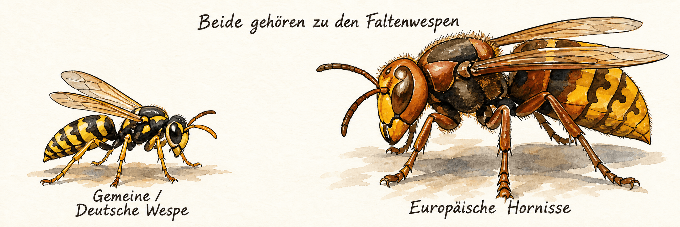 Gemeine oder Deutsche Wespe neben einer größeren Europäischen Hornisse; beide gehören zu den Faltenwespen