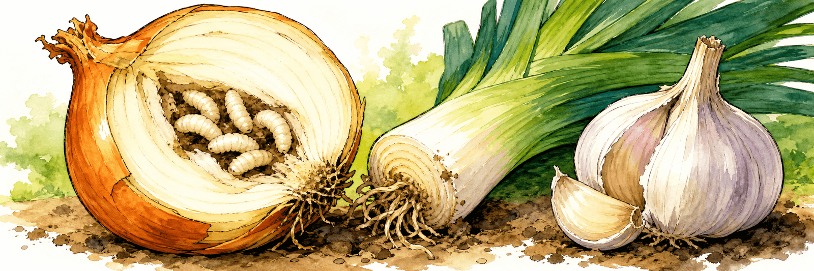 Illustration einer aufgeschnittenen Zwiebel mit weißen Maden; daneben Lauch und Knoblauch als weitere mögliche Wirtspflanzen