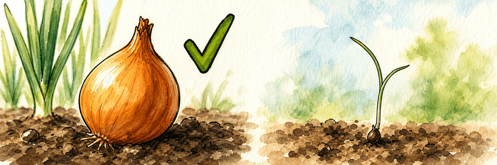Illustration einer größeren Zwiebelpflanze neben einem kleinen Zwiebelsämling als Vergleich des Entwicklungsstands