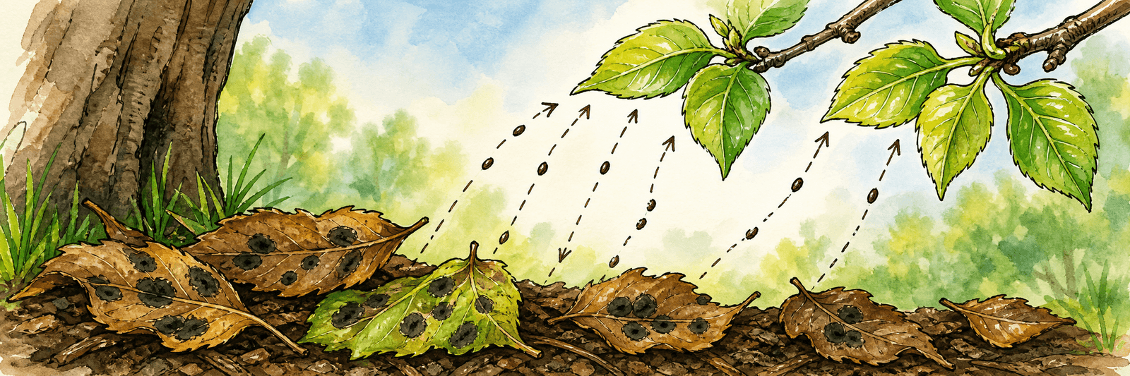 Befallenes Falllaub am Boden unter dem Apfelbaum, im Frühjahr steigen Sporen zu frischen Blättern auf